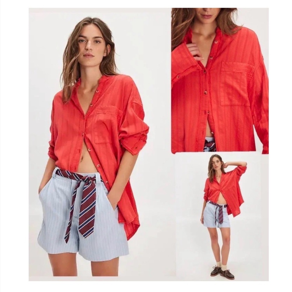 Free People We The Free Summer Sorbet Shirt, Button Down, Textured, Fiery Red